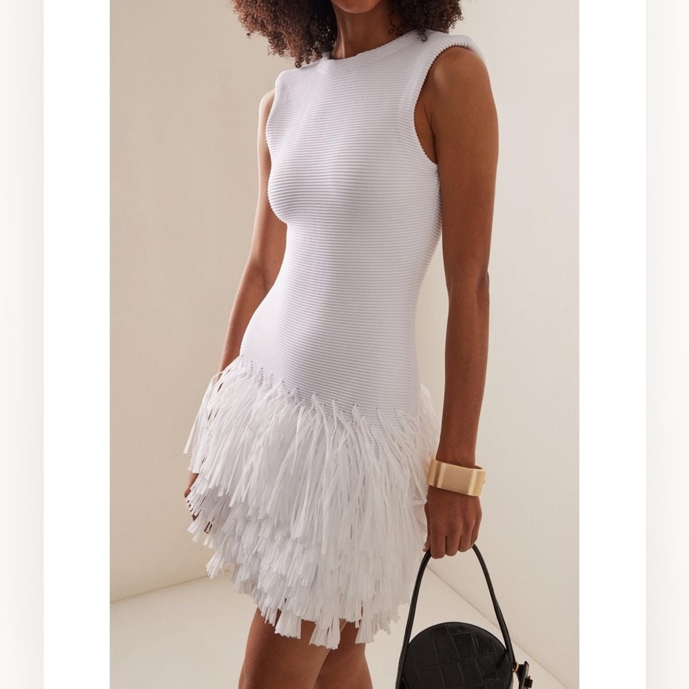 Aje White Sleeveless Fringe Hem Knit Dress
